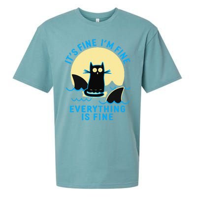 Its Fine Im Fine Everything Is Fine Funny Black Cat Shark Sueded Cloud Jersey T-Shirt