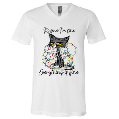 Its Fine Im Fine Everything Is Fine Funny Cat Christmas V-Neck T-Shirt