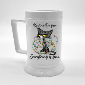 Its Fine Im Fine Everything Is Fine Funny Cat Christmas Beer Stein