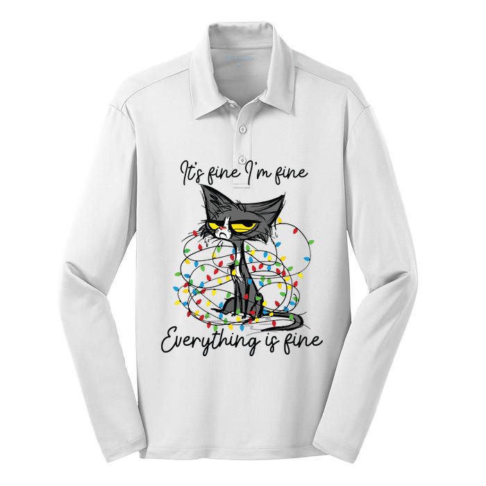 Its Fine Im Fine Everything Is Fine Funny Cat Christmas Silk Touch Performance Long Sleeve Polo