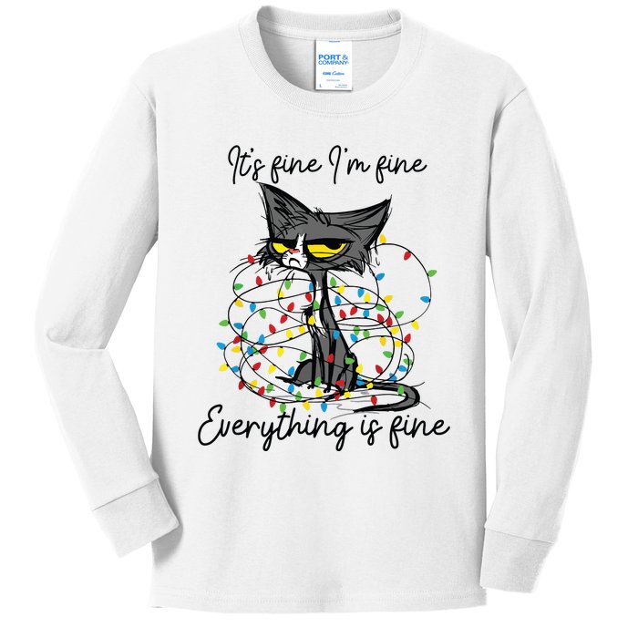 Its Fine Im Fine Everything Is Fine Funny Cat Christmas Kids Long Sleeve Shirt