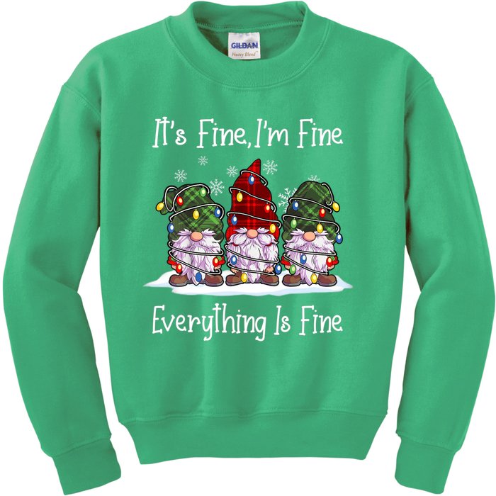 Its Fine I'm Fine Everything Is Fine Gnome Christmas Lights Long Sleeve Kids Sweatshirt