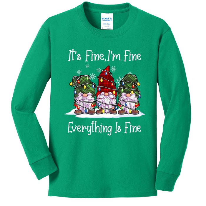 Its Fine I'm Fine Everything Is Fine Gnome Christmas Lights Long Sleeve Kids Long Sleeve Shirt