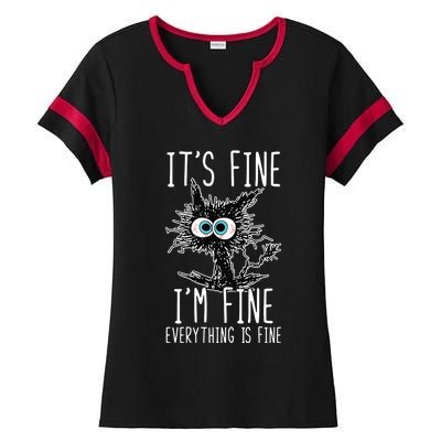 It's Fine I'm Fine Everything Is Fine Funny Black Cat Ladies Halftime Notch Neck Tee