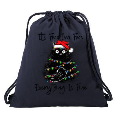 Its Fine IM Fine Everything Is Fine Christmas Black Cat Drawstring Bag