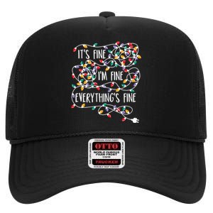 It's Fine I'm Fine Everything Is Fine Christmas Lights High Crown Mesh Back Trucker Hat