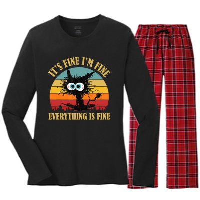 Its Fine Im Fine Everything Is Fine Funny Cat Women's Long Sleeve Flannel Pajama Set 