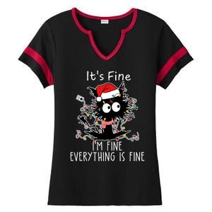 Its Fine Im Fine Everything Is Fine Cat Tangled In Christmas Lights Ladies Halftime Notch Neck Tee