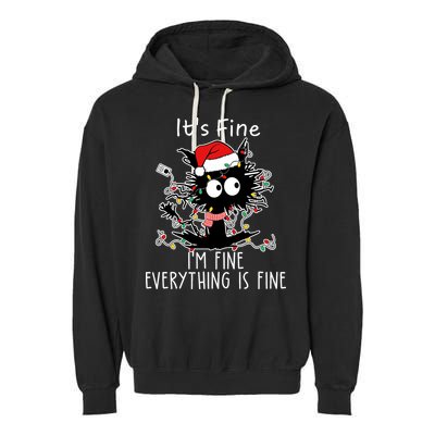 Its Fine Im Fine Everything Is Fine Cat Tangled In Christmas Lights Garment-Dyed Fleece Hoodie