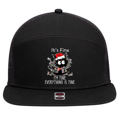 Its Fine Im Fine Everything Is Fine Cat Tangled In Christmas Lights 7 Panel Mesh Trucker Snapback Hat