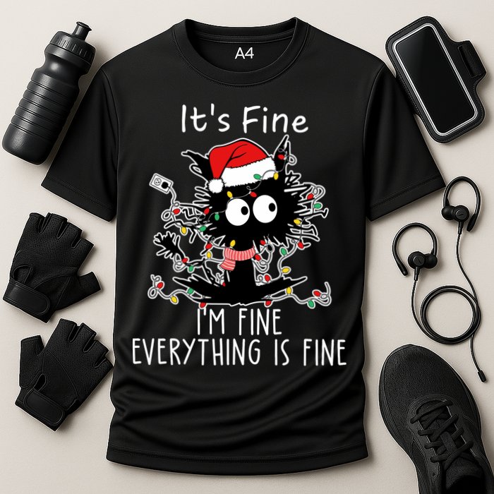 Its Fine Im Fine Everything Is Fine Cat Tangled In Christmas Lights Cooling Performance Crew T-Shirt