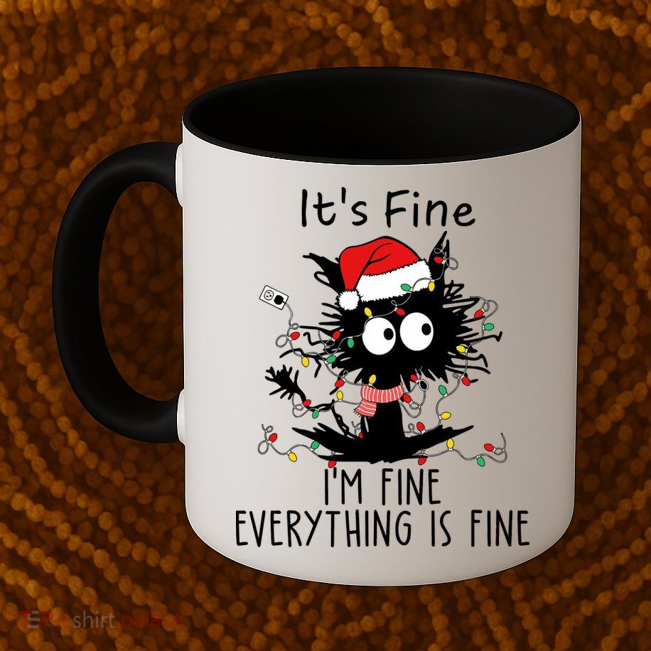 Its Fine Im Fine Everything Is Fine Cat Tangled In Christmas Lights Mug