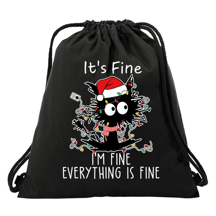 Its Fine Im Fine Everything Is Fine Cat Tangled In Christmas Lights Drawstring Bag