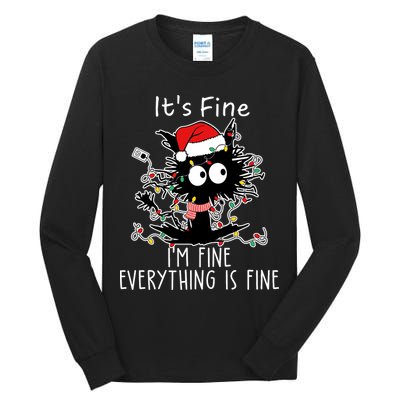 Its Fine Im Fine Everything Is Fine Cat Tangled In Christmas Lights Tall Long Sleeve T-Shirt
