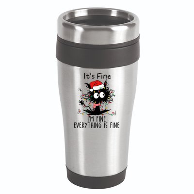 Its Fine Im Fine Everything Is Fine Cat Tangled In Christmas Lights 16oz Travel Tumbler