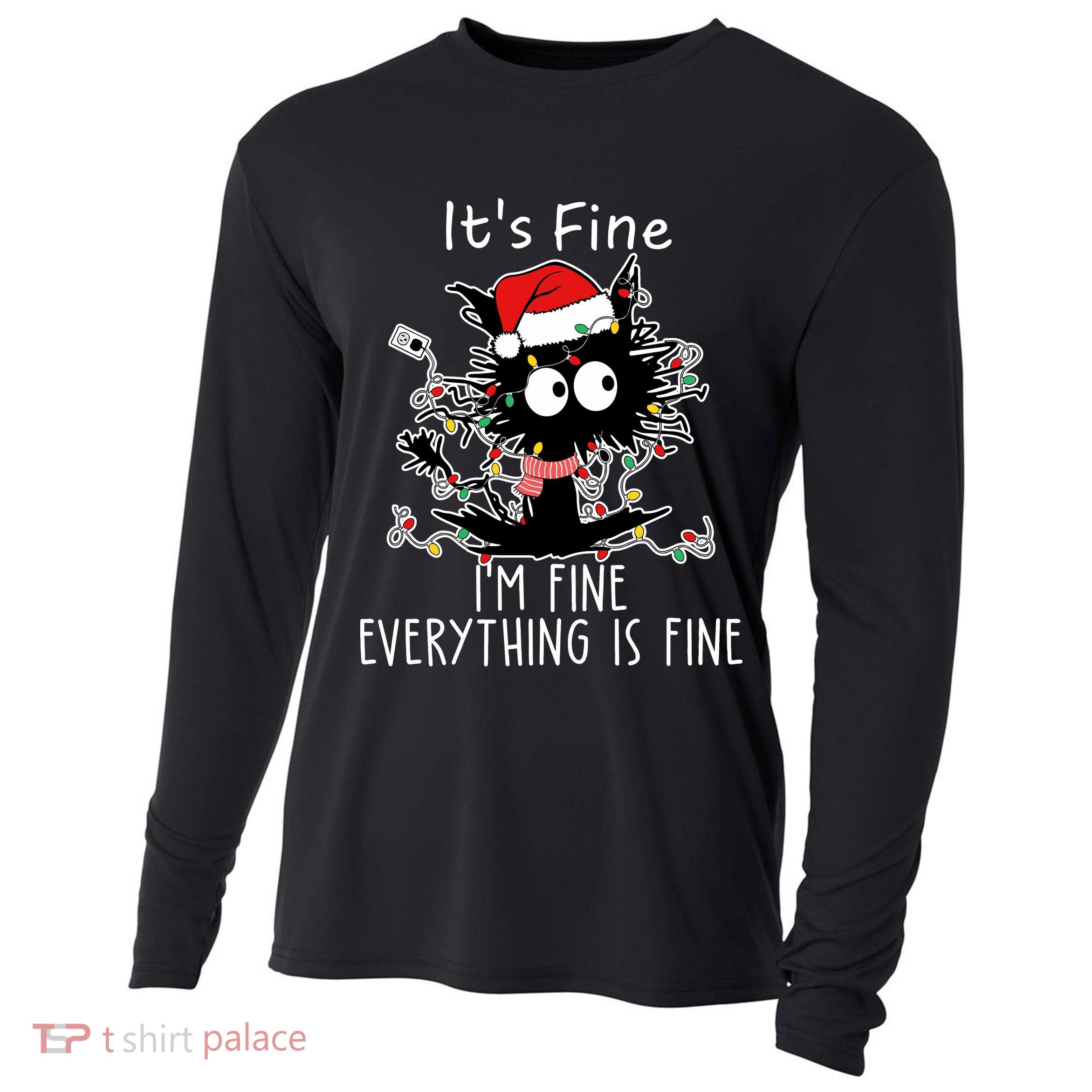 Its Fine Im Fine Everything Is Fine Cat Tangled In Christmas Lights Cooling Performance Long Sleeve Crew