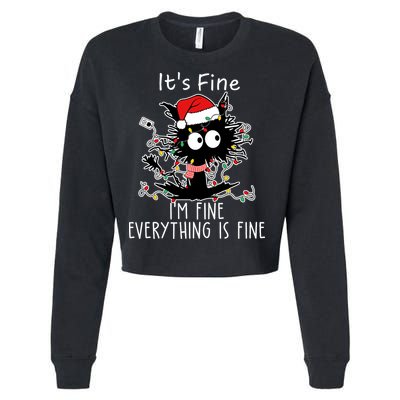 Its Fine Im Fine Everything Is Fine Cat Tangled In Christmas Lights Cropped Pullover Crew