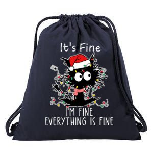 Its Fine Im Fine Everything Is Fine Cat Tangled In Christmas Lights Drawstring Bag