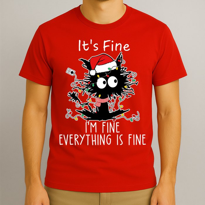 Its Fine Im Fine Everything Is Fine Cat Tangled In Christmas Lights T-Shirt