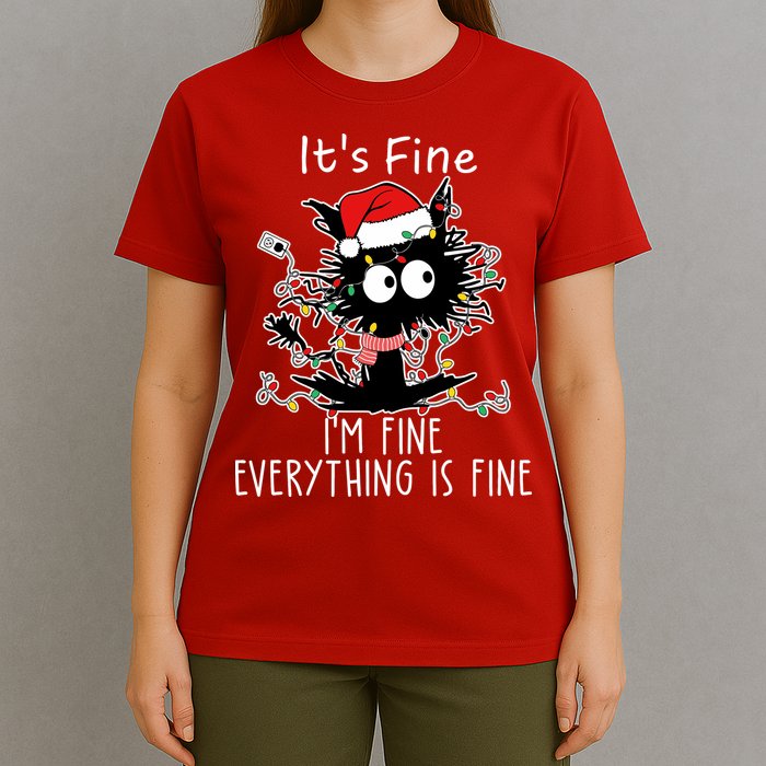 Its Fine Im Fine Everything Is Fine Cat Tangled In Christmas Lights T-Shirt