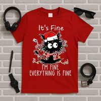 Its Fine Im Fine Everything Is Fine Cat Tangled In Christmas Lights T-Shirt