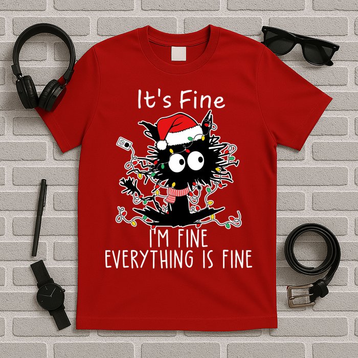Its Fine Im Fine Everything Is Fine Cat Tangled In Christmas Lights T-Shirt
