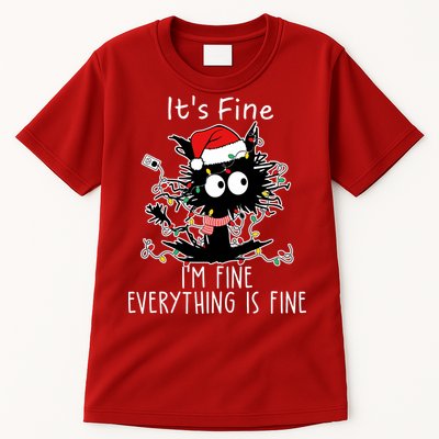 Its Fine Im Fine Everything Is Fine Cat Tangled In Christmas Lights Tall T-Shirt