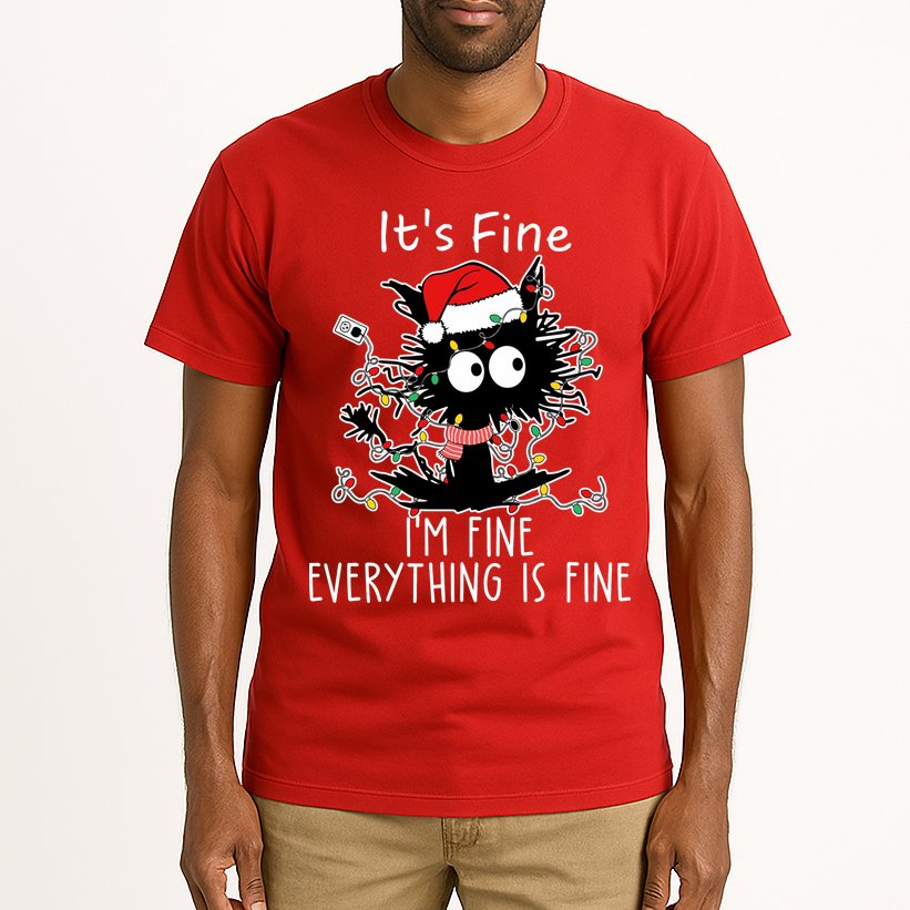 Its Fine Im Fine Everything Is Fine Cat Tangled In Christmas Lights Tall T-Shirt