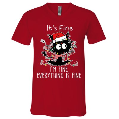 Its Fine Im Fine Everything Is Fine Cat Tangled In Christmas Lights V-Neck T-Shirt