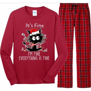 Its Fine Im Fine Everything Is Fine Cat Tangled In Christmas Lights Long Sleeve Pajama Set