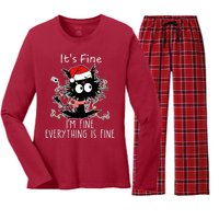 Its Fine Im Fine Everything Is Fine Cat Tangled In Christmas Lights Women's Long Sleeve Flannel Pajama Set 