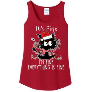 Its Fine Im Fine Everything Is Fine Cat Tangled In Christmas Lights Ladies Essential Tank