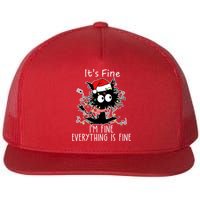 Its Fine Im Fine Everything Is Fine Cat Tangled In Christmas Lights Flat Bill Trucker Hat