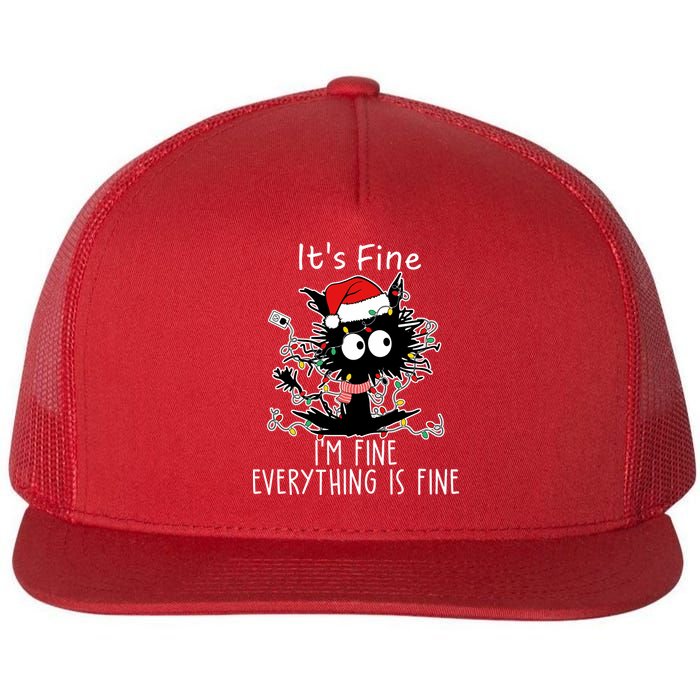 Its Fine Im Fine Everything Is Fine Cat Tangled In Christmas Lights Flat Bill Trucker Hat