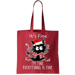 Its Fine Im Fine Everything Is Fine Cat Tangled In Christmas Lights Tote Bag