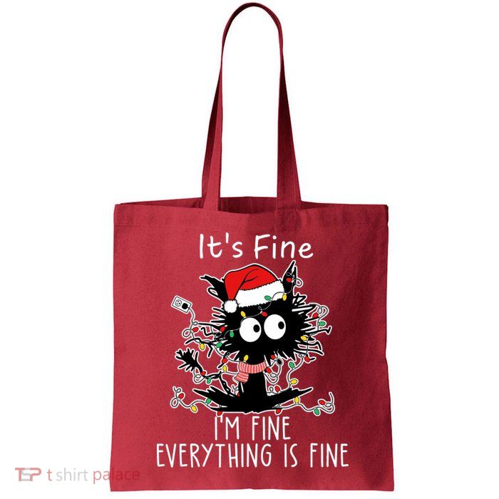 Its Fine Im Fine Everything Is Fine Cat Tangled In Christmas Lights Bag