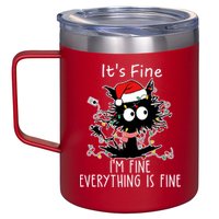 Its Fine Im Fine Everything Is Fine Cat Tangled In Christmas Lights 12oz Stainless Steel Coffee Mug