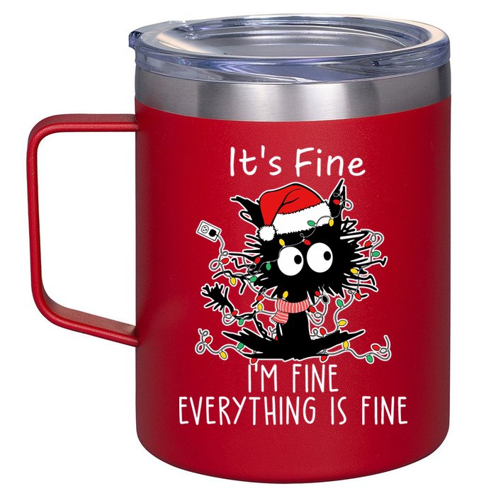Its Fine Im Fine Everything Is Fine Cat Tangled In Christmas Lights 12oz Stainless Steel Coffee Mug