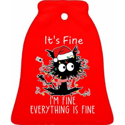 Its Fine Im Fine Everything Is Fine Cat Tangled In Christmas Lights Ceramic Bell Ornament