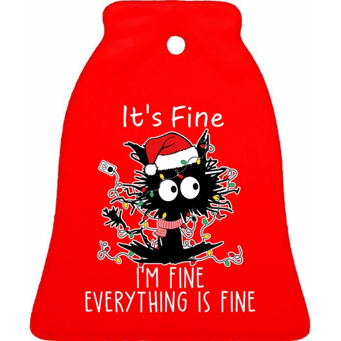 Its Fine Im Fine Everything Is Fine Cat Tangled In Christmas Lights Ceramic Bell Ornament