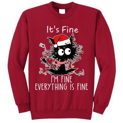 Its Fine Im Fine Everything Is Fine Cat Tangled In Christmas Lights Tall Sweatshirt