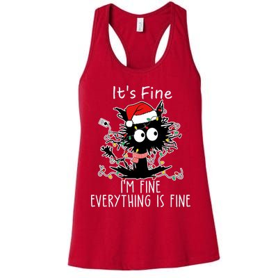 Its Fine Im Fine Everything Is Fine Cat Tangled In Christmas Lights Womens Tank Top