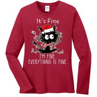 Its Fine Im Fine Everything Is Fine Cat Tangled In Christmas Lights Ladies Long Sleeve Shirt