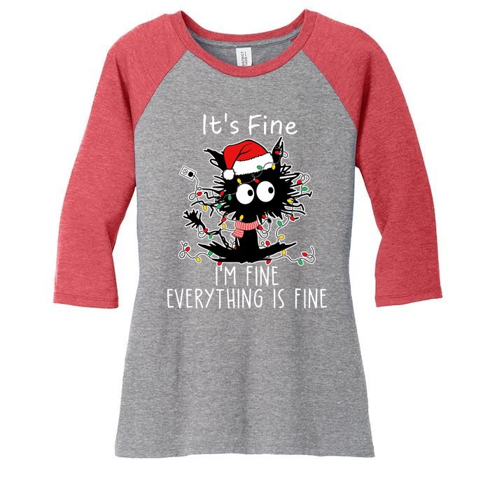 Its Fine Im Fine Everything Is Fine Cat Tangled In Christmas Lights Women's Tri-Blend 3/4-Sleeve Raglan Shirt