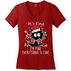 Its Fine Im Fine Everything Is Fine Cat Tangled In Christmas Lights Women's V-Neck T-Shirt