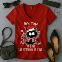 Its Fine Im Fine Everything Is Fine Cat Tangled In Christmas Lights Women's V-Neck T-Shirt
