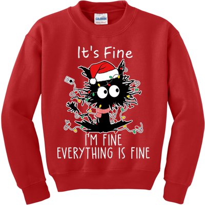 Its Fine Im Fine Everything Is Fine Cat Tangled In Christmas Lights Kids Sweatshirt