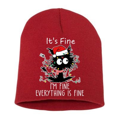 Its Fine Im Fine Everything Is Fine Cat Tangled In Christmas Lights Short Acrylic Beanie