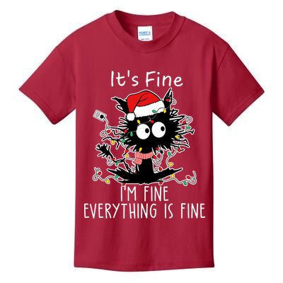 Its Fine Im Fine Everything Is Fine Cat Tangled In Christmas Lights Kids T-Shirt