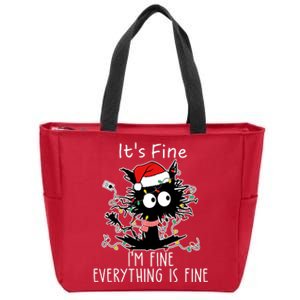 Its Fine Im Fine Everything Is Fine Cat Tangled In Christmas Lights Zip Tote Bag